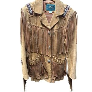Western Fringe Leather Jacket Echo Mountain SZ 40 Beaded Accents Silver Buttons